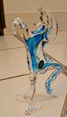 Vintage Murano Figure Horse Hand Blown Clear Glass Blue Stripe 9 Made In Italy Vintage Murano Figure Horse Hand Blown Clear Glass Blue Stripe 9 Made In Italy