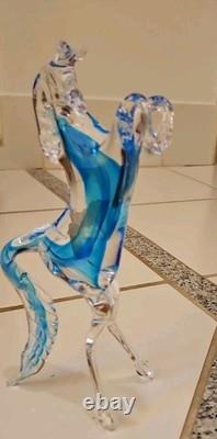 Vintage Murano Figure Horse Hand Blown Clear Glass Blue Stripe 9 Made In Italy