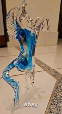 Vintage Murano Figure Horse Hand Blown Clear Glass Blue Stripe 9 Made In Italy