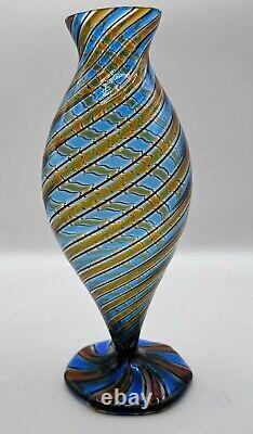 Vintage Murano Glass Cane Striped Vase Blue Black Brown Excellent 8 Hand blown