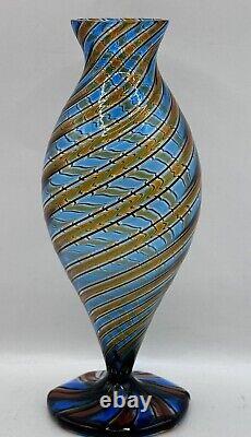 Vintage Murano Glass Cane Striped Vase Blue Black Brown Excellent 8 Hand blown