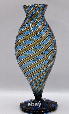 Vintage Murano Glass Cane Striped Vase Blue Black Brown Excellent 8 Hand blown