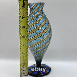 Vintage Murano Glass Cane Striped Vase Blue Black Brown Excellent 8 Hand blown