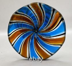 Vintage Murano Glass Cane Striped Vase Blue Black Brown Excellent 8 Hand blown