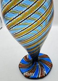 Vintage Murano Glass Cane Striped Vase Blue Black Brown Excellent 8 Hand blown