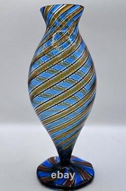 Vintage Murano Glass Cane Striped Vase Blue Black Brown Excellent 8 Hand blown