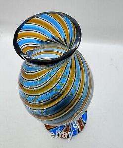 Vintage Murano Glass Cane Striped Vase Blue Black Brown Excellent 8 Hand blown