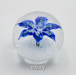 Vintage Murano Glass Paperweight Blue Flower Floral Bubbles Label Hand Blown