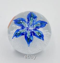 Vintage Murano Glass Paperweight Blue Flower Floral Bubbles Label Hand Blown