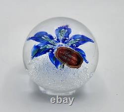 Vintage Murano Glass Paperweight Blue Flower Floral Bubbles Label Hand Blown