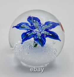 Vintage Murano Glass Paperweight Blue Flower Floral Bubbles Label Hand Blown