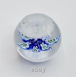 Vintage Murano Glass Paperweight Blue Flower Floral Bubbles Label Hand Blown