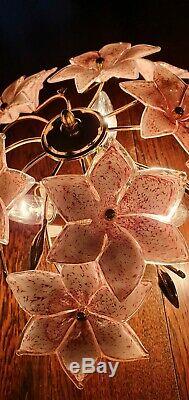 Vintage Murano Glass Pink Tulip Ceiling Light, Handblown Chandelier, Mcm, 1970s