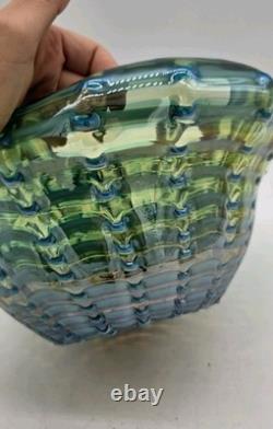 Vintage Murano Green And Blue Large Swirl Glass Bowl Italy Hand Blown rare