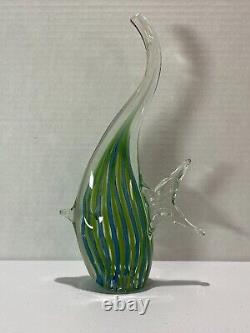 Vintage Murano Hand Blown Angle Fish Clear with Blue and Green Stripes, 11.5x7