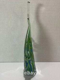 Vintage Murano Hand Blown Angle Fish Clear with Blue and Green Stripes, 11.5x7