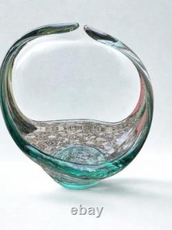Vintage Murano Hand-Blown Art Glass Basket Vase Blue Green Aqua MCM Italy