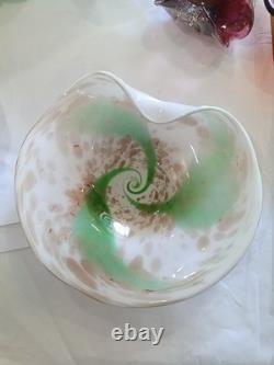 Vintage Murano Hand-Blown Art Glass Bowl -Aventurine, Green Swirl, Lattimo 11