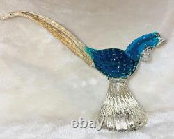 Vintage Murano Hand Blown Art Glass Bullicante Blue Pheasant with Real Gold Tail