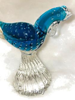 Vintage Murano Hand Blown Art Glass Bullicante Blue Pheasant with Real Gold Tail