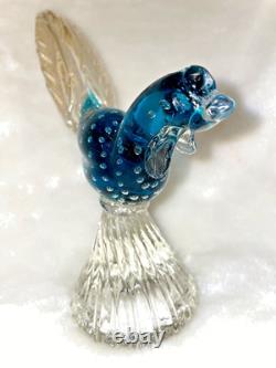 Vintage Murano Hand Blown Art Glass Bullicante Blue Pheasant with Real Gold Tail