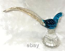 Vintage Murano Hand Blown Art Glass Bullicante Blue Pheasant with Real Gold Tail