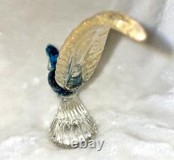 Vintage Murano Hand Blown Art Glass Bullicante Blue Pheasant with Real Gold Tail