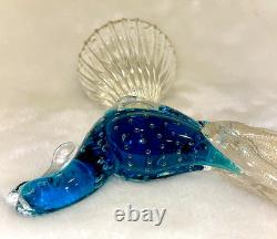 Vintage Murano Hand Blown Art Glass Bullicante Blue Pheasant with Real Gold Tail