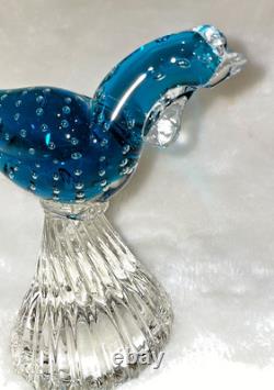 Vintage Murano Hand Blown Art Glass Bullicante Blue Pheasant with Real Gold Tail