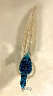Vintage Murano Hand Blown Art Glass Bullicante Blue Pheasant with Real Gold Tail