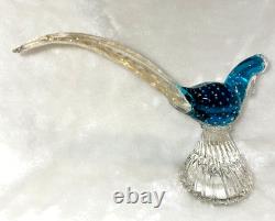 Vintage Murano Hand Blown Art Glass Bullicante Blue Pheasant with Real Gold Tail