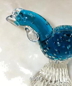 Vintage Murano Hand Blown Art Glass Bullicante Blue Pheasant with Real Gold Tail