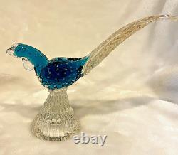 Vintage Murano Hand Blown Art Glass Bullicante Blue Pheasant with Real Gold Tail