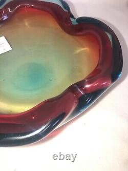 Vintage Murano Hand Blown Art Glass Heavy Bowl Ashtray Brilliant Color 10.75