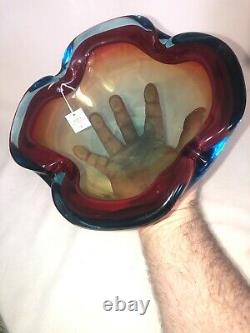 Vintage Murano Hand Blown Art Glass Heavy Bowl Ashtray Brilliant Color 10.75