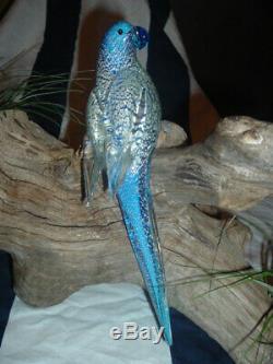 Vintage, Murano, Hand Blown Art Glass Silver and Blue Parrot on Driftwood Base