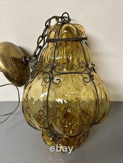Vintage Murano Hand Blown Caged Art Glass Lantern Ceiling Light Yellow Italy