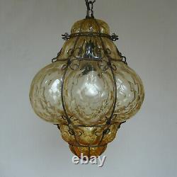 Vintage Murano Hand Blown Caged Glass Venetian Lantern Hanging Ceiling Light Vtg