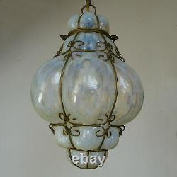Vintage Murano Hand Blown Caged Opalescent Glass Lantern Hanging Ceiling Light