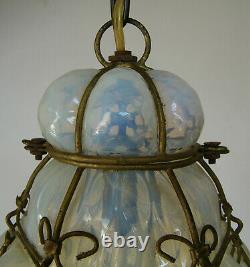 Vintage Murano Hand Blown Caged Opalescent Glass Lantern Hanging Ceiling Light