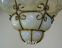 Vintage Murano Hand Blown Caged Opalescent Glass Lantern Hanging Ceiling Light