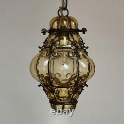 Vintage Murano Hand Blown Caged Yellow Amber Glass Lantern Ceiling Light Italy