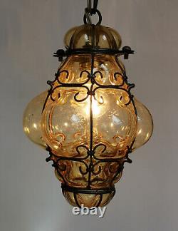 Vintage Murano Hand Blown Caged Yellow Amber Glass Lantern Ceiling Light Italy