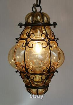 Vintage Murano Hand Blown Caged Yellow Amber Glass Lantern Ceiling Light Italy