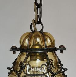 Vintage Murano Hand Blown Caged Yellow Amber Glass Lantern Ceiling Light Italy