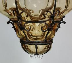 Vintage Murano Hand Blown Caged Yellow Amber Glass Lantern Ceiling Light Italy