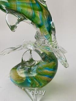 Vintage Murano Hand Blown Glass 2 Blue Green And Gold Dolphins Statue 7
