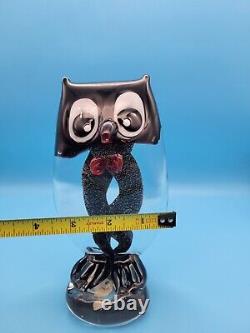Vintage Murano Hand Blown Glass Art Owl Red Bow Tie Figurine Comical Large Eyes