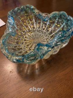 Vintage Murano Hand Blown Glass Dish Blue Green With Gold Flecks