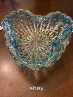 Vintage Murano Hand Blown Glass Dish Blue Green With Gold Flecks